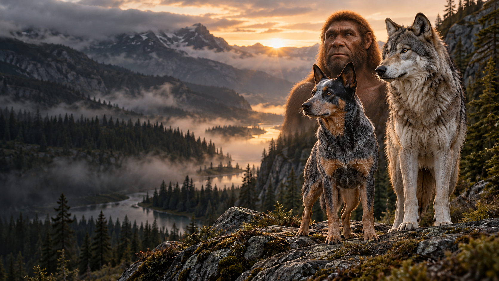 A Blue Heeler, a gray wolf, and a hominid standing together on a rocky overlook above a misty mountain valley at sunset